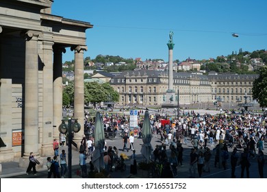 STUTTGART, GERMANY - APRIL 26, 2020: Anti Lockdown Protest In Stuttgart, Held At Schloßplatz. Protestors Claim That The Anti COVID-19 Measures Are Against The Spirit Of The Constitution. 