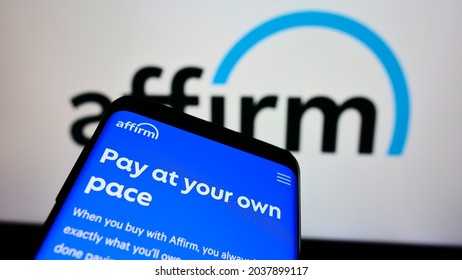 STUTTGART, GERMANY - Aug 14, 2021: Smartphone With Website Of US Financial Technology Company Affirm Holdings Inc  On Screen With Logo  Focus On Top-left Of Phone Display 