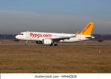 STUTTGART, GERMANY - DECEMBER 22:  A Pegasus Airlines Airbus A320neo landing on December 22, 2016 in Stuttgart, Germany. Pegasus Airlines is an airline from Turkey with its headquarters in Istanbul.