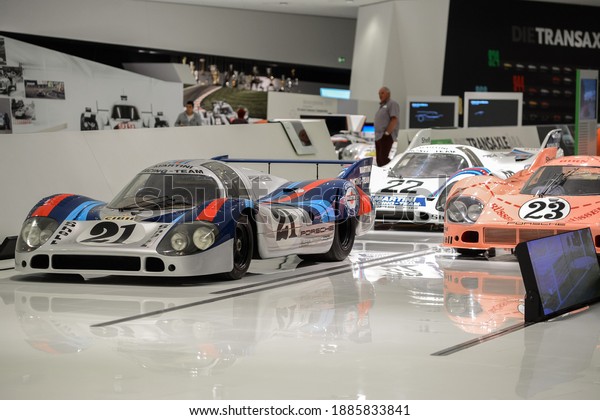 STUTTGART, GERMANY - June, 2016: Porsche Museum in\
Zuffenhausen. Stuttgart. Exhibition of modern Porsche racing cars\
Comparison of racing\
cars.