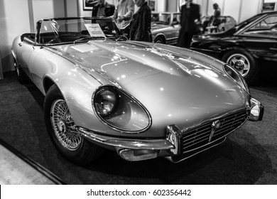 STUTTGART, GERMANY - MARCH 02, 2017: Sports car Jaguar E-Type Series 3 roadster, 1973. Black and white. Europe's greatest classic car exhibition "RETRO CLASSICS"