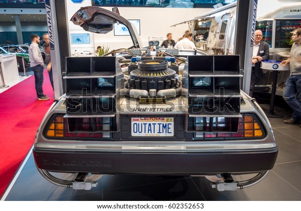 STUTTGART, GERMANY - MARCH 02, 2017: The\
DeLorean time machine (Back to the Future franchise) based on a\
DeLorean DMC-12 sports car. Europe\'s greatest classic car\
exhibition \