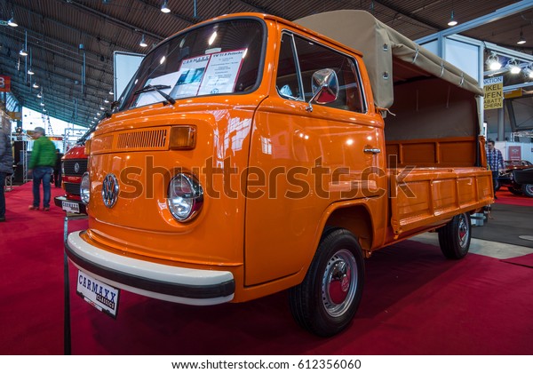 STUTTGART, GERMANY - MARCH\
02, 2017: Light commercial vehicle Volkswagen Transporter T2\
(regular cab), 1978. Europe\'s greatest classic car exhibition\
\