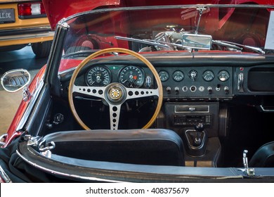STUTTGART, GERMANY - MARCH 18, 2016: Cabin of sports car Jaguar E-Type 4.2 Serie I roadster, 1967. Europe's greatest classic car exhibition "RETRO CLASSICS"