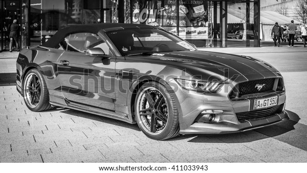 STUTTGART, GERMANY - MARCH\
18, 2016: Muscle car Ford Mustang GT 550 Aero Edition, 2016. Black\
and white. Europe\'s greatest classic car exhibition \