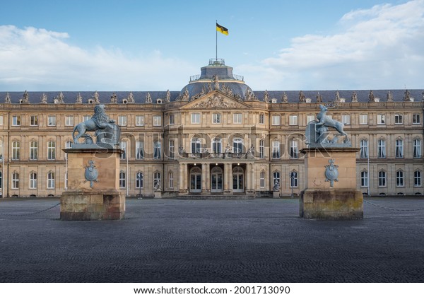 Stuttgart New Palace (Neues Schloss)\
with the lion and the deer sculptures - Stuttgart,\
Germany
