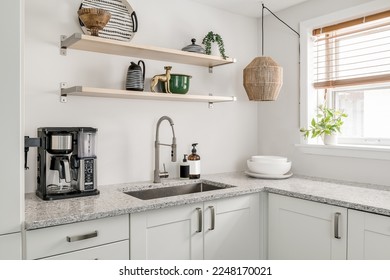 Style Home Still Lifestyle Image. Contemporary Kitchen Design with Open Shelving and Stylish Accessories. Interior Design Social Media Banner. - Shutterstock ID 2248170021