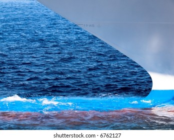 Style, Shape And Colors Of  Prow And Of The Water Line Of Hull Of A Cruise Ship In Tour On The Sea