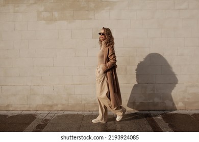 A style woman walking, enjoys a wonderful atmosphere of a vacation in fall time. The girl is wearing a urban beige sweater, sunglasses and resting against the background of the streets of the city - Shutterstock ID 2193924085