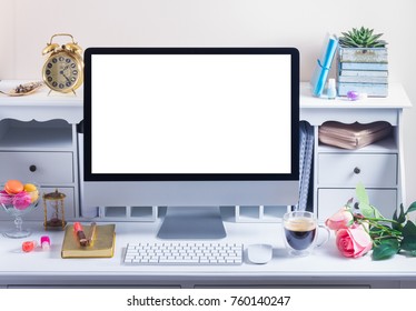 Styled Feminine Work Desk With Computer, Copy Space On Screen