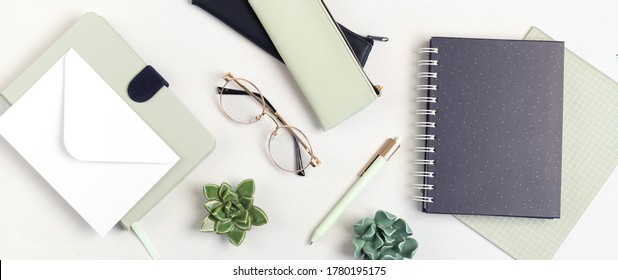 Styled Minimal Desktop Mockup With Organic Color Stationary. Freelancer, Social Media Blogger Concept. Flat Lay, Top View, Copy Space, Banner.