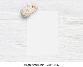 Styled Stock Photo. Feminine Digital Product Mockup With Ranunculus Flowers, Blank List Of Paper And Shabby White Background. Flat Lay, Top View. Picture For Blog Or Social Media.