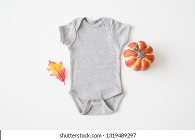 Styled Stock Photography "My First Thanksgiving", Mockup-Digital File, Gray Baby Onesie with Fall Decor Mock Up
