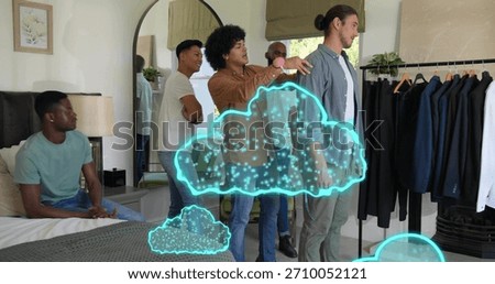 Styling four men fitting jackets in bedroom showroom using redwhite tool and turquoise clouds. Fashion, tailoring, wardrobe, alteration, suits, mirror, rack