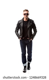 Stylish Adult Man In Leather Jacket With Hands In Pockets Isolated On White