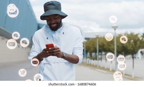 Stylish African American Man Walk Smile White Animation сloud Technology Internet Networking Device Online Storage Computing Icon Network Connection Virtual Interface Digital Slow Motion