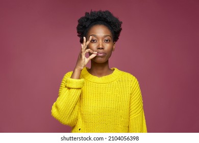 Stylish African American Young Girl Showing Be Quiet Gesture, Promise To Keep Secret Private Information, Ask Silence