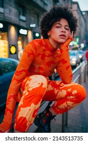 Stylish Afro Black Young Woman Posing Sitting Outdoors Fashionable Cool Attitude