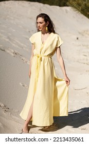 Stylish Attractive Slim Smiling Woman On Beach In Summer Style Fashion Trend Outfit Carefree And Happy, Feeling Freedom, Wearing Dress Boho Style Chic