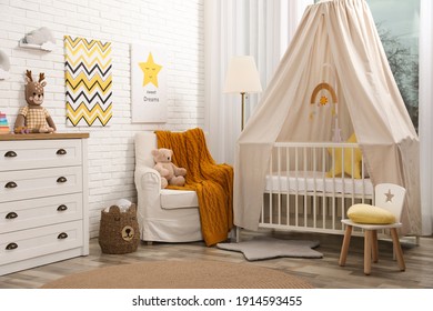 Stylish Baby's Room With Comfortable Cot. Interior Design