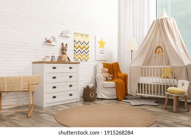 Stylish Baby's Room With Comfortable Cot. Interior Design