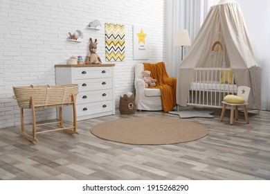 Stylish Baby's Room With Comfortable Cot. Interior Design