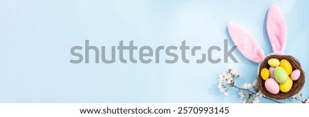 Stylish background with colorful easter eggs isolated on blue background with white blooming sakura branch. Flat lay, top view, mockup with copy space, overhead, template