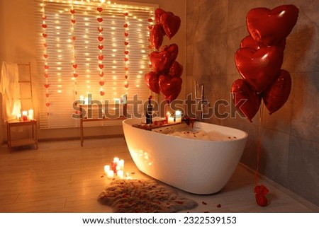 Stylish bathroom decorated for Valentine's day. Interior design