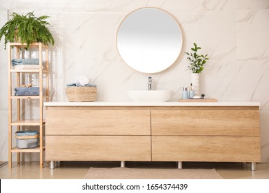 Stylish Bathroom Interior With Countertop And Mirror. Design Idea