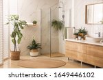 Stylish bathroom interior with countertop, shower stall and houseplants. Design idea