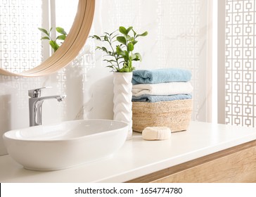 Stylish Bathroom Interior With Mirror And Countertop. Design Idea