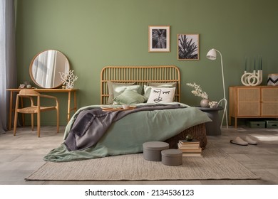 Stylish Bedroom Interior Design With Mock Up Poster Frames, Bed, Side Table, Rattan Commode, Vanity Table And Creative Home Accessories. Sage Green Wall. Template. Copy Space.
