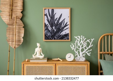 Stylish Bedroom Interior Design With Mock Up Poster Frame, Rattan Commode And Creative Home Accessories. Sage Green Wall. Template. Copy Space.