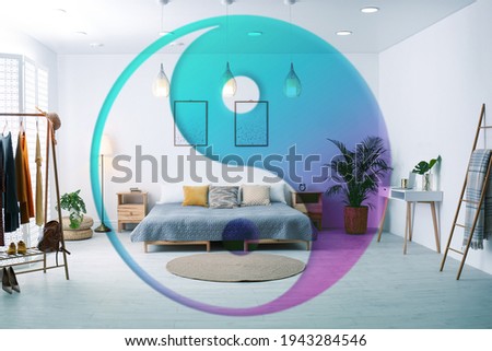 Stylish bedroom interior and Yin Yang symbol. Feng Shui philosophy 