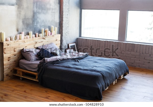 Stylish Bedroom Loft Style Grey Colors Stock Photo Edit Now