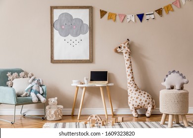 Stylish And Beige Scandinavian Decor Of Kid Room With Mock Up Poster Frame,  Design Furnitures, Natural Toys, Hanging Colorful Flags, Plush Animal And Child Accessories And Teddy Bears. Home Decor.