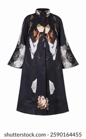 A stylish black coat with a geometric  pattern. It features a high collar and wide sleeves