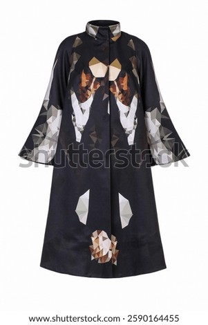 A stylish black coat with a geometric  pattern. It features a high collar and wide sleeves
