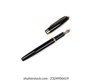 Stylish black fountain pen isolated on white, top view