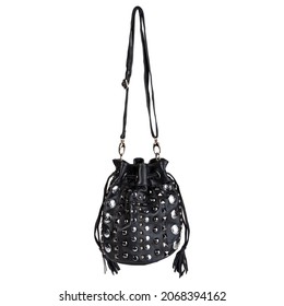 Stylish Black Handbag Or Purse For Ladies. Soft Leather Shoulder Bag With Long Adjustable Strap, With Buckle, Silver And Gold Studs, Drawstring Closure, And Tassel. Front View.