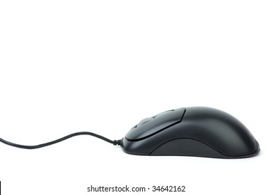 Stylish Black Optical Computer Mouse Isolated On The White Background. Side View