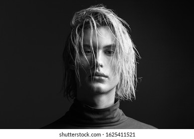 Stylish Black White Portrait Of Young Attractive Men With Slicked-back Hair