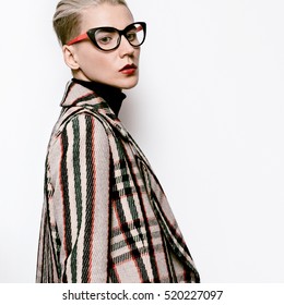 Stylish Blonde Fashion Vintage Glasses And Checkered Coat Trend Woman Eyewear