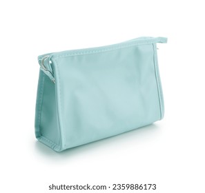Stylish blue cosmetic bag on white background
