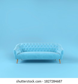 Stylish blue fabric sofa with wooden legs on blue background with shadow. Fashionable comfortable single piece of furniture. Blue interior, showroom. Vilyura, velvet sofa. Luxury couch front view - Shutterstock ID 1827284687
