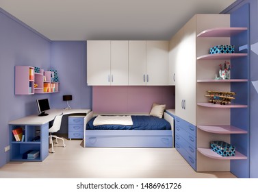 Stylish Blue And Purple Teenagers Bedroom Interior With Built-in Wall Cabinets And Shelves, A Single Divan Style Bed And Small Desk