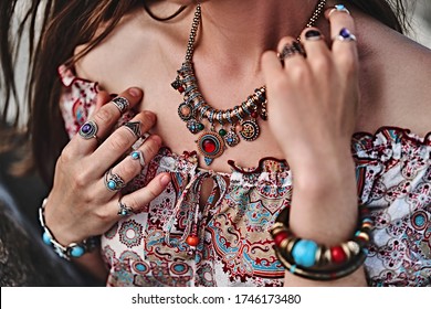 Stylish Boho Chic Woman. Fashionable Indian Hippie Gypsy Bohemian Outfit With Jewelry Accessories Details 