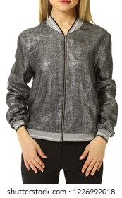 Stylish Bomber Silver Jacket Close Up Photo On Blond Model Isolated On White