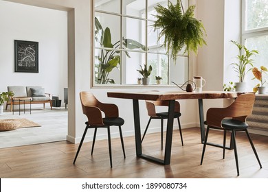 Stylish and botany interior of dining room with design craft wooden table, chairs, furniture, a lof of plants, window, poster map and elegant accessories in modern home decor. Template. - Shutterstock ID 1899080734