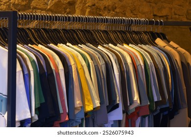 A stylish boutique showcases an array of vibrant hanging Tshirts in a wellorganized display